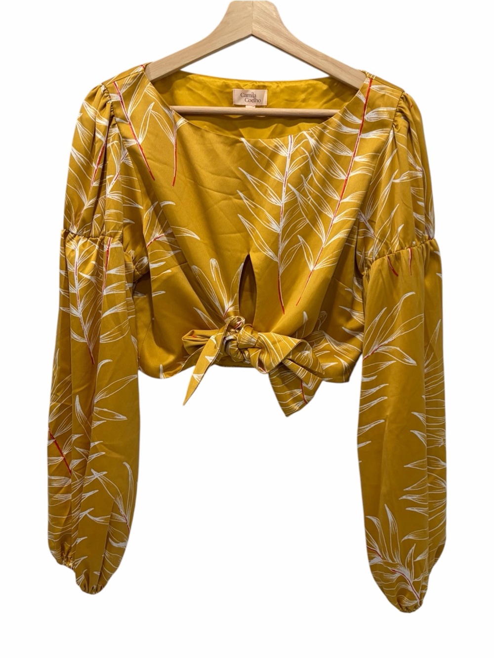 Camila Coelho Mustard Yellow Botanical Tie-Front Crop Top